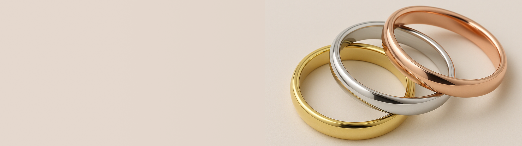 three rings with yellow, white and rose gold